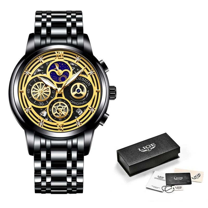2021 New LIGE Sport Men Watch Top Brand Luxury Gold Stainless Steel Quartz Wrsit Watch Men Fashion Hollow Waterproof Chronograph 