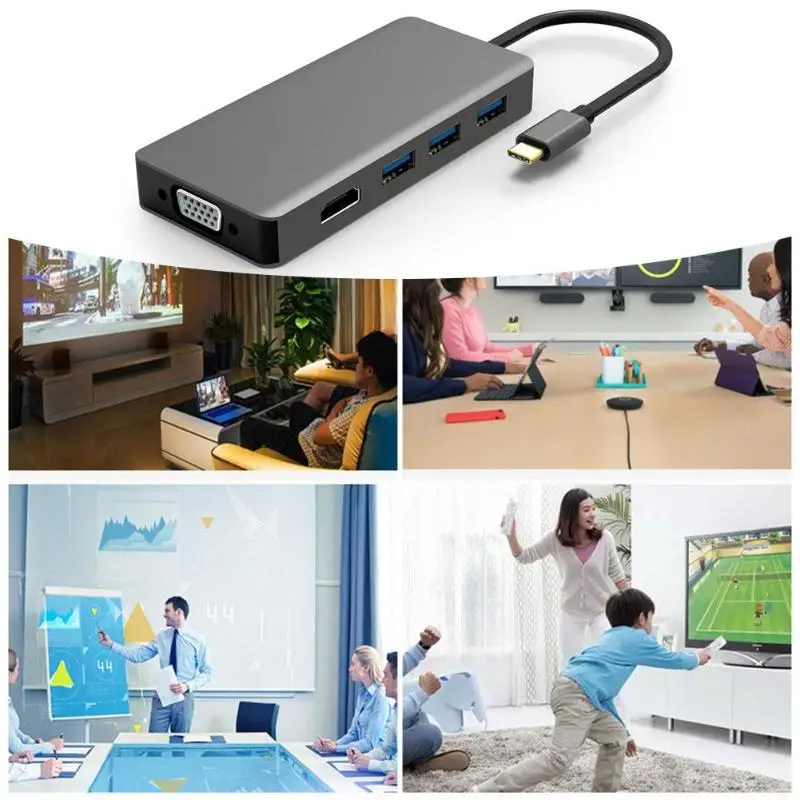 Кабель 3 в 1 Многофункциональный преобразователь TYPE-C в HDMI VGA с 3 USB концентратор док-станция для ноутбука, мобильного телефона Newst