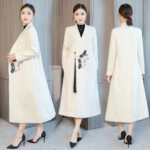 Осеннее Женское шерстяное пальто в китайском стиле, стиль, зима, длинный рукав, вышивка, дизайн, утолщенная Женская модная длинная одежда