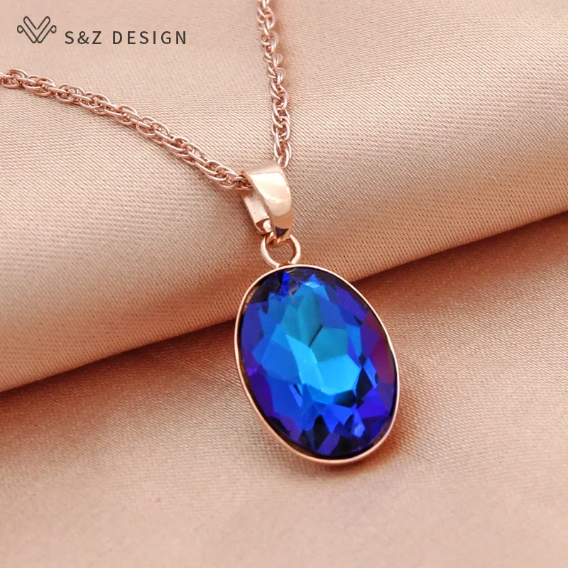 S&Z DESIGN New Fashion Egg Shape Oval Crystal Pendant Necklace For Women Wedding 585 Rose Gold Color Jewelry