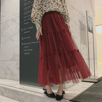 

2020 Elegant Mesh Pleated Long Skirts Women High Waist Tulle Skirts Ladies harajuku White Black Maxi Skirt jupe femme faldas