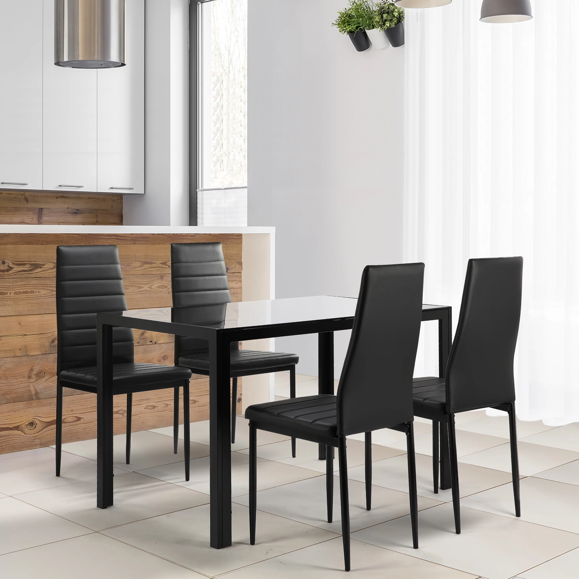 

5 Pieces Dining Table Set for 4,Kitchen Room Tempered Glass Dining Table ,4 Faux Leather Chairs ,Black