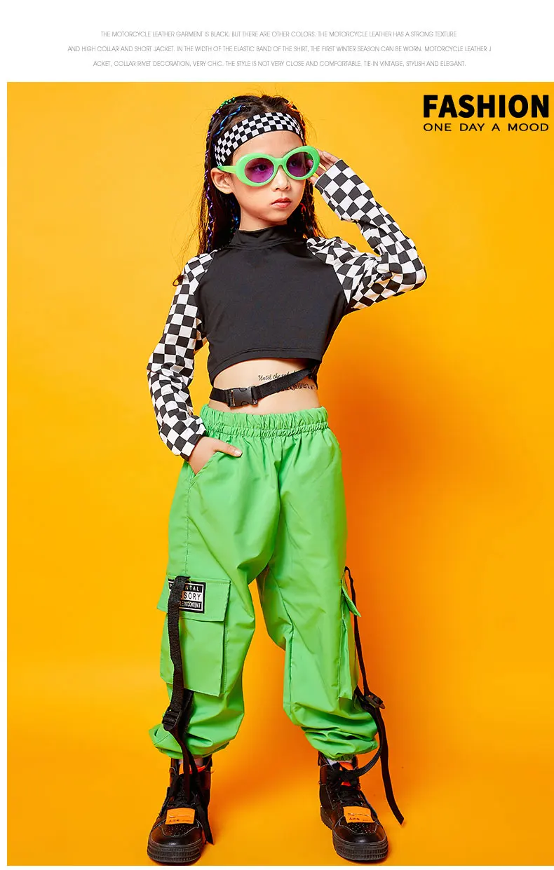 Детская одежда в стиле хип-хоп; свитер; Топ; флуоресцентные зеленые брюки для девочек; костюм для джазовых танцев; одежда для бальных танцев; SL1964