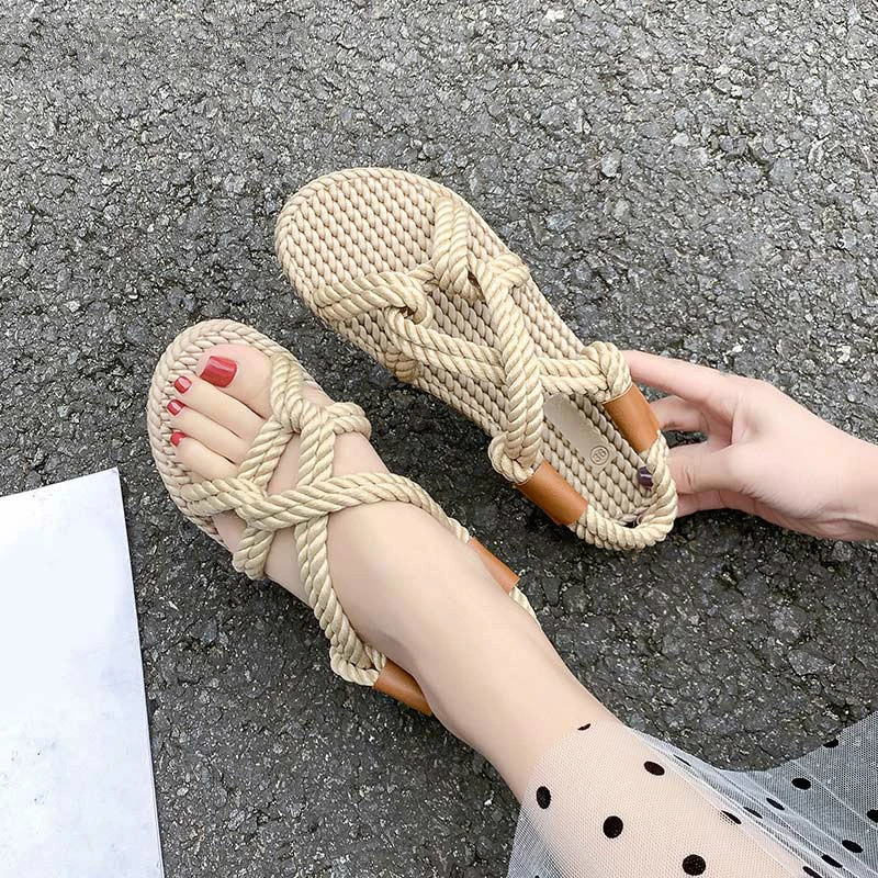 Women Sandals Hemp Rope Flats New Female Slip On Beach Shoes Breathable