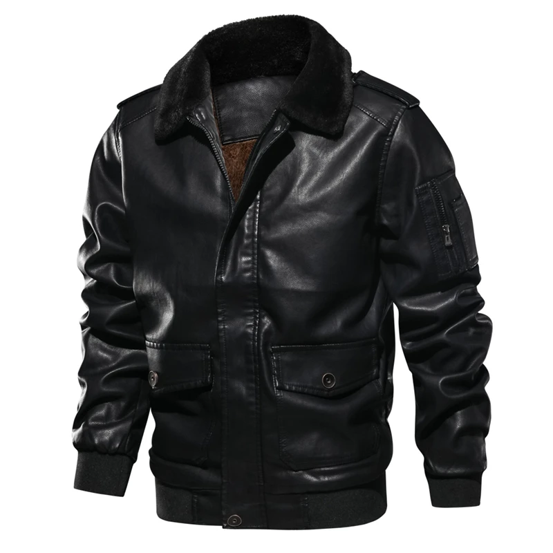 

Men Motorcycle PU Leather Jacket Winter Warm Luxury Fleece Retro Coat Fur Collar Biker Bomber Pilot Faux Leather Jacket EuroSize