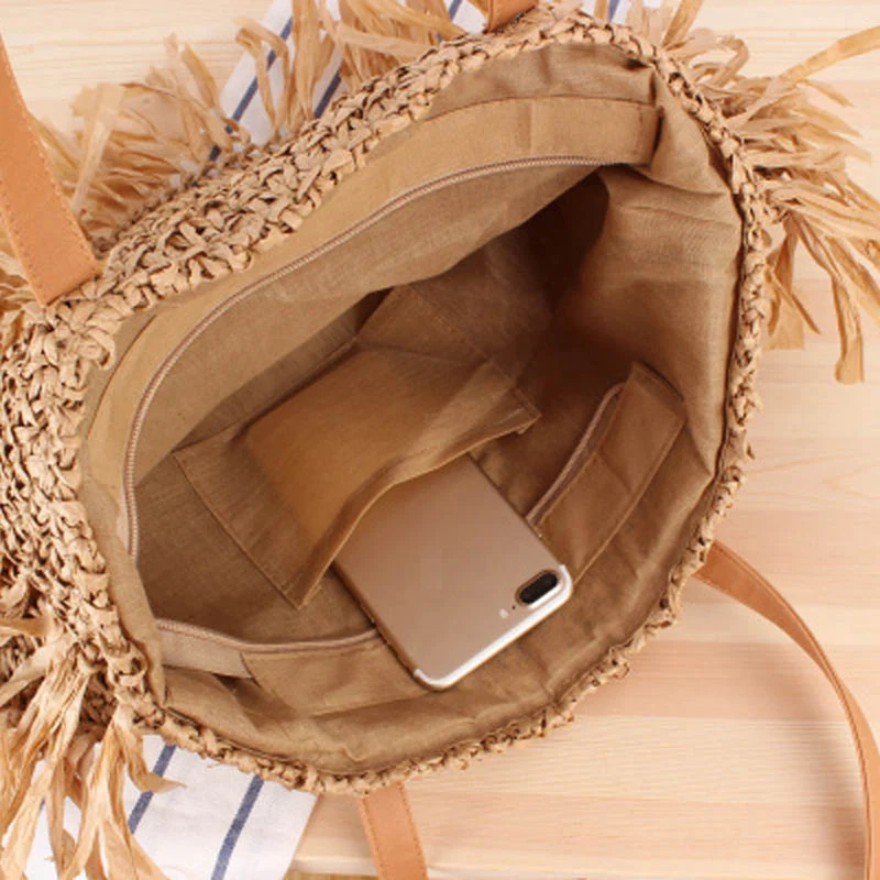 Bohemian Round Tassel Women Straw Bag Designer Rattan Shoulder Bags Large Capacity Shopper Handbags Summer Beach Woven Purses