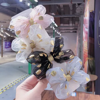 

2020 Spring Korea Children Simple Beautiful Gold Dot Yarn Bow Duckbill Clip for Girl Princess Fashion Hair Rope Hair Accessories