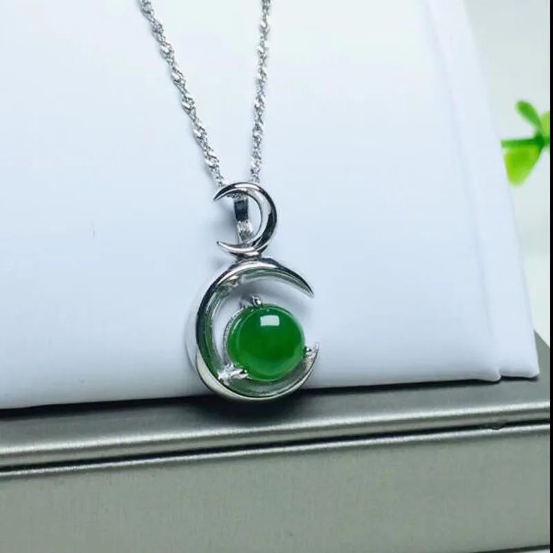 925 пробы серебро инкрустированные(Hetian) нефрита jade Jasper устанавливается на Луне кулон из натуральной кожи для Для женщин прекрасное ювелирное ожерелье с подвеской