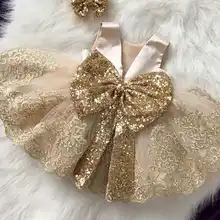 Платье принцессы с золотыми блестками для девочек; коллекция года; Детские платья для девочек; Вечерние платья на Рождество и Хэллоуин с повязкой на голову