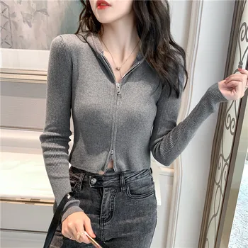 

COIGARSAM Hooded Shirt Womens tops New Spring Knitting Zipper Women shirts Black Senior Ash 1330