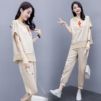 

2020 Summer New Age-Reducing Loose Hooded Short-Sleeved Top Casual Pants Sports Two-Piece Set plus Size Outdoor Sports Suit pink