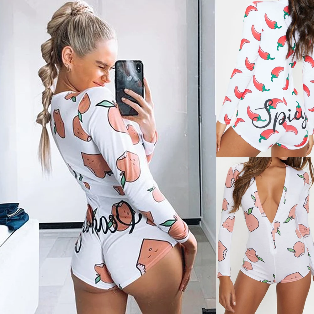 Женская сексуальная v-образным вырезом с длинным рукавом Bodycon Повседневная Peachy Spicy печать Кнопка пижамы комбинезон шорты трико