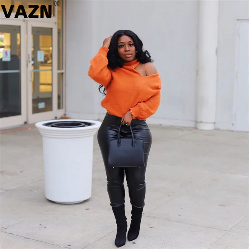 VAZN Latest Style Unusual Sexy Age Reduction Fresh Clear Fashion Solid Halter Full Sleeve Off Shoulder Women Loose Tees