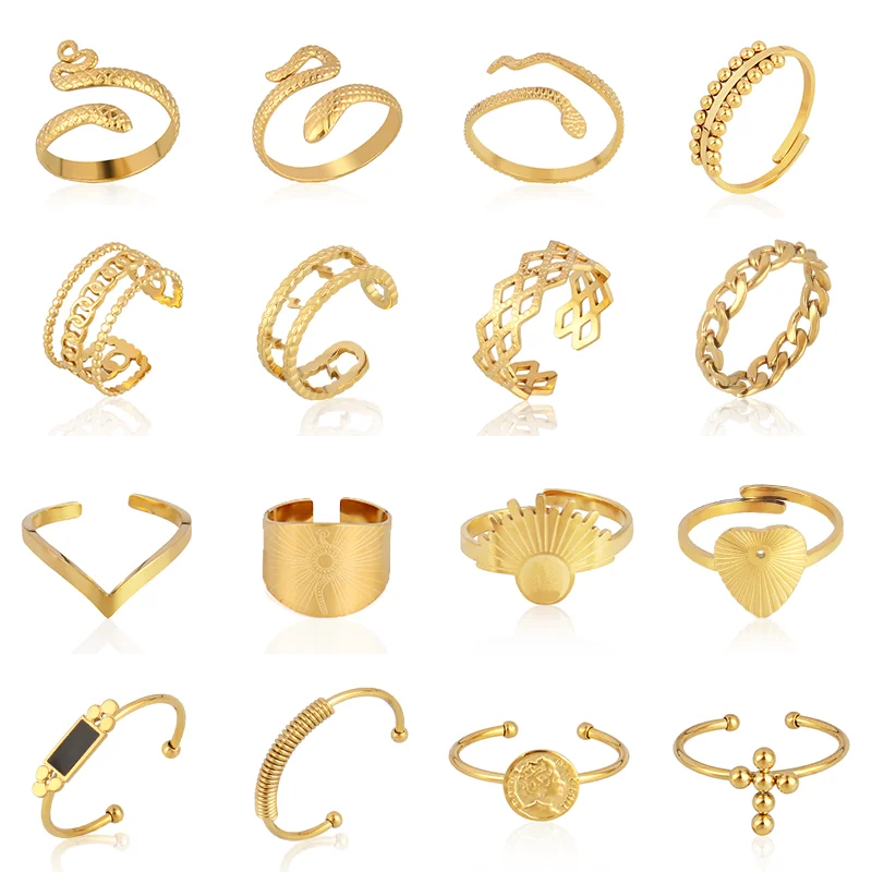 Womens Rings Jewelry Geometry Punk Open-Finger Stainless-Steel Gold-Color