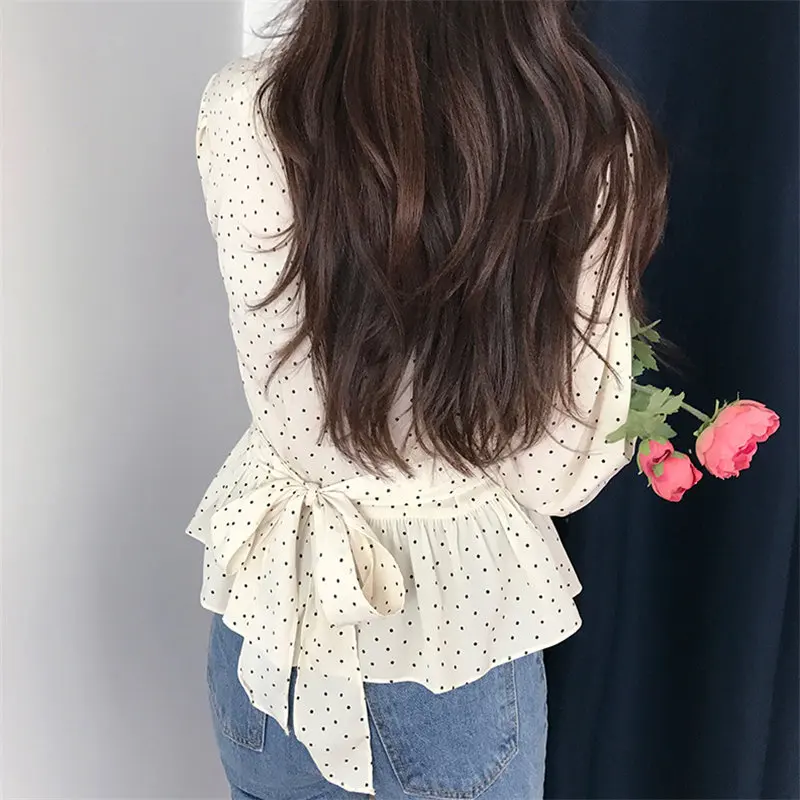 Женские офисные рубашки в белый горошек с высокой талией Alien Kitty элегантные