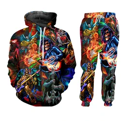 Ensemble 2 pièces pour hommes, avec guitare, crâne Rock Punk, impression 3D épaisse, Jogging, manches longues, pantalon de survêtement, automne, veste à capuche surdimensionnée 