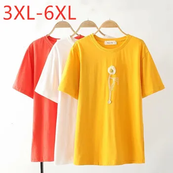 

New 2020 Korea summer plus size tops for women large short sleeve loose casual cotton floral yellow red T-shirt 3XL 4XL 5XL 6XL