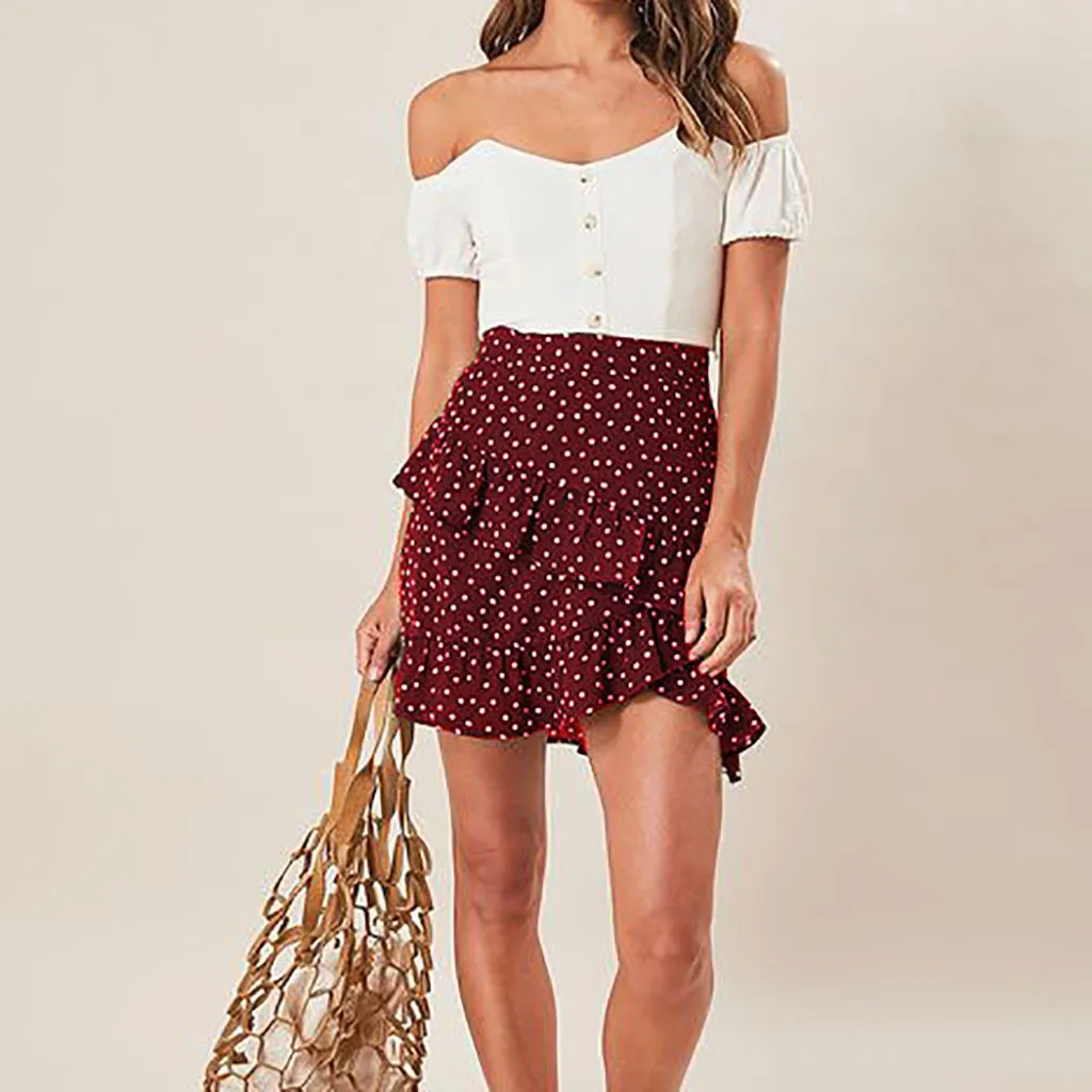 Women's Vintage Skirts Wave point Waist Printed Pleated Flared Gown Midi Skirts Women Summer Sexy Club Skirts#G3