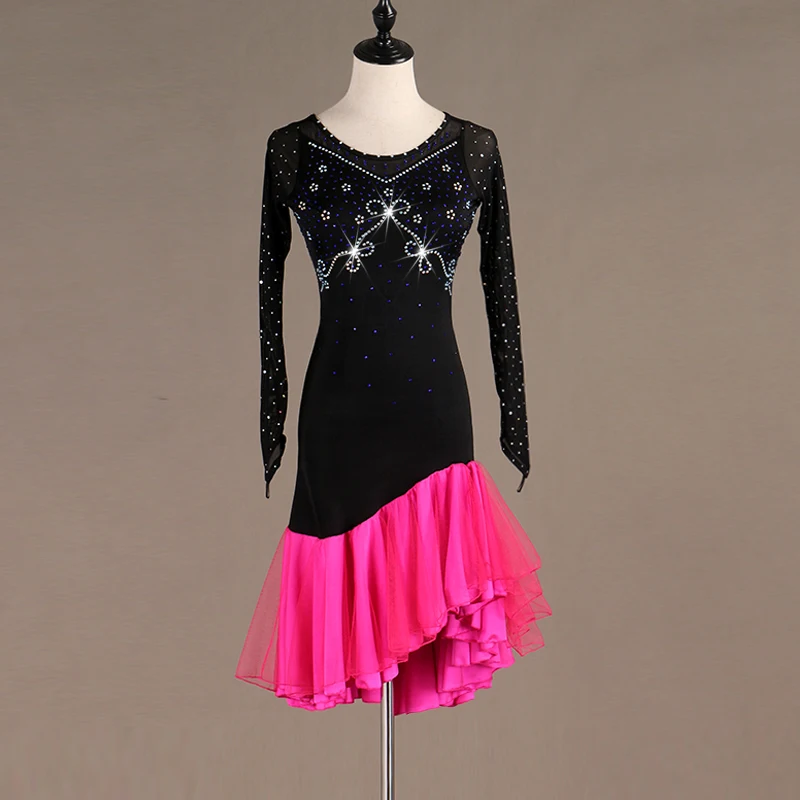 Black with Rose Red Высокое качество, платье для латинских бальных танцев, Блестящий лиф с сетчатой спинкой, женские взрослые костюмы для сценического шоу, одежда для фламенко самбы, B0103 - Цвет: Black with Rose Red