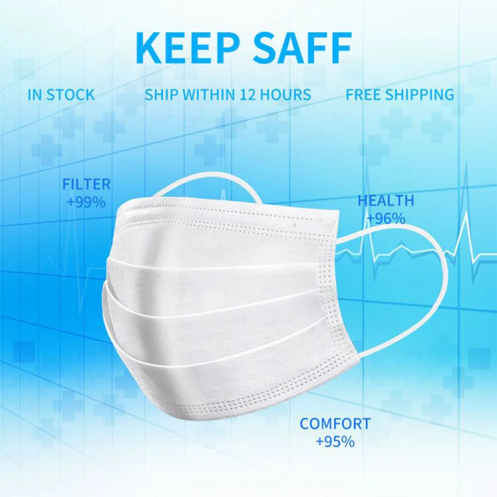 

50pcs/100pcs 3 Layer Disposable Face Mask Anti-dust Non-Woven Fabric Moisture-Proof Breathable For Adults