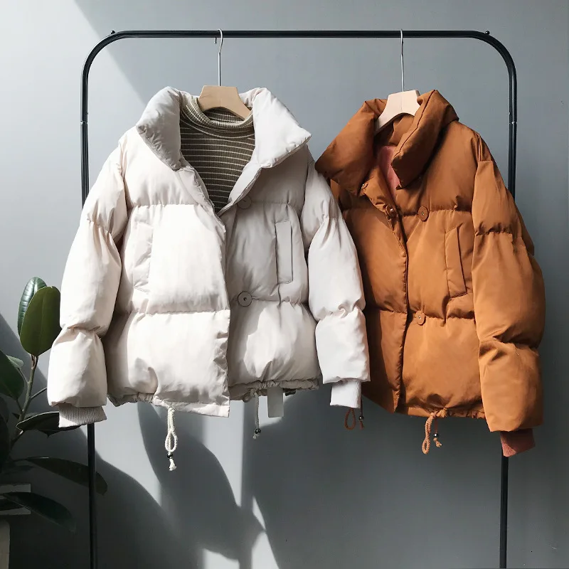 Зимнее пальто женская короткая куртка-пуховик Женская хлопковая стеганая одежда с воротником-стойкой, свбодная Корейская одежда