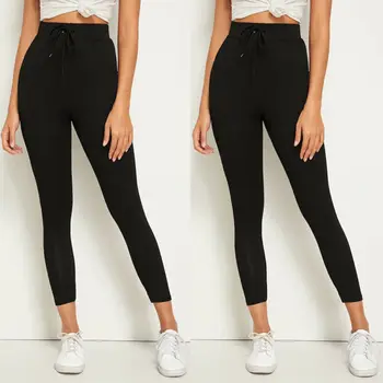 

Women Solid Drawstring Waist Leggings Winter Thick Warm Thermal Stretchy Legging Casual Elastic Ankel Length Pencil Pants