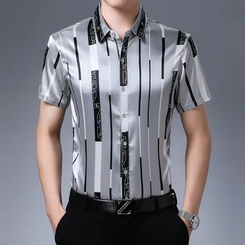 

Striped Printed Shirts For Mens Work Dress Blue Casual Blouse Summer Mens Fashion 2020 Mens Official Shirts Silk Large Size 3xl