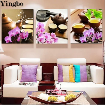 

Pink Orchid And Tea Diamond Embroidery Full display Diy Diamond Paintings round drill Mosaic painting rhinestone decor 3 pcs/set