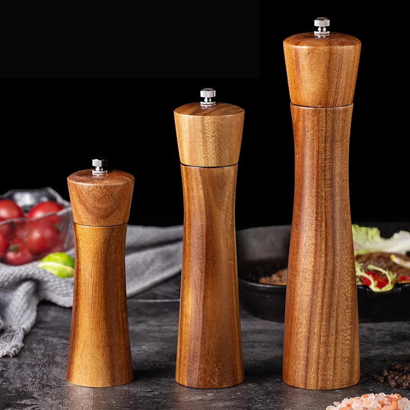 3 Size Large Big Leaf Acacia Wooden Pepper Mill Salt Grinder Professional Pepper Mill 6"/8"/10" Set 1
