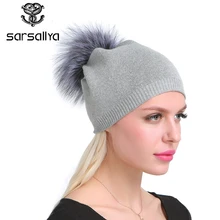 Осень зима шапочки hat мужская вязаный шерстяной повседневная cap с реальными лисий мех енота помпоном сплошные цвета горнолыжные gorros cap