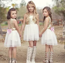 Mini Short Golden Sequins  Flower Girls Dresses with Pink Bow Knot Beach Wedding Party Dress A Line Formal Toddlers Wear