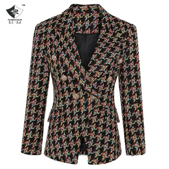 

OLDSJ Women's Jacket Houndstooth Double-Breasted Tweed Woolen Double-Breasted Suit Cropped Jacket/ women blazers/sequin blazer