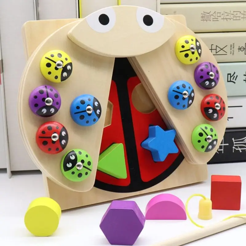 Складная магнитная деревянная игра божья коровка, игрушка для рыбалки, набор Монтессори для детей