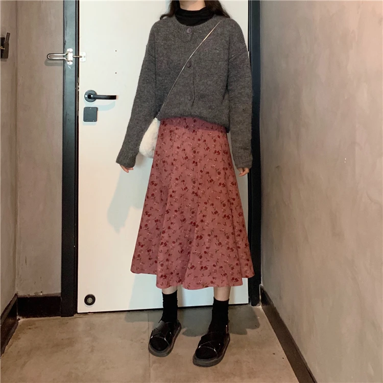 Harajuku Floral Print Woman Skirt Korea High Waist Loose A-Line Skirt Ladies The New Simple Slim Fit Autumn Skirt Women