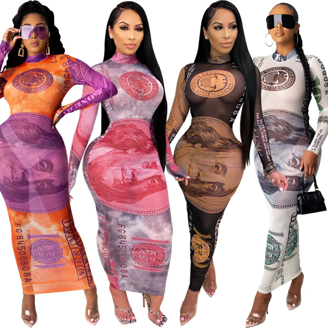 Adogirl US Dollar Print Women Maxi Long Dress Sexy Mesh See Though Bodycon Midi Dress Party Nightclub Bandage Dress Vestido