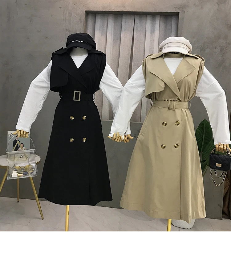 Windbreaker female long section early autumn popular new fashion sleeveless waist tie thin coat