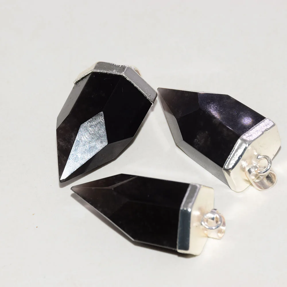 

Big Natural Black Obsidian Pendant for Jewelry Making 2023 Women's Silver Plated Stone Bullet Face Gem necklace men as gifts 5pc