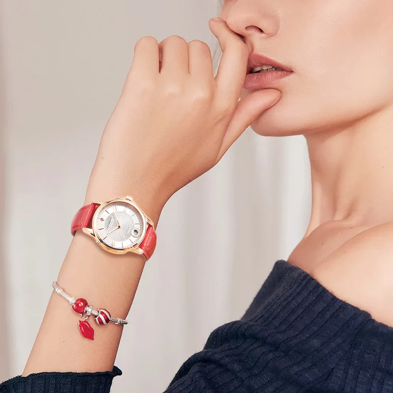 STARKING, женские элегантные часы с сапфировым кристаллом, автоматические, с датой, самовзводные наручные часы, красные, кожаные, водонепроницаемые часы, reloj mujer