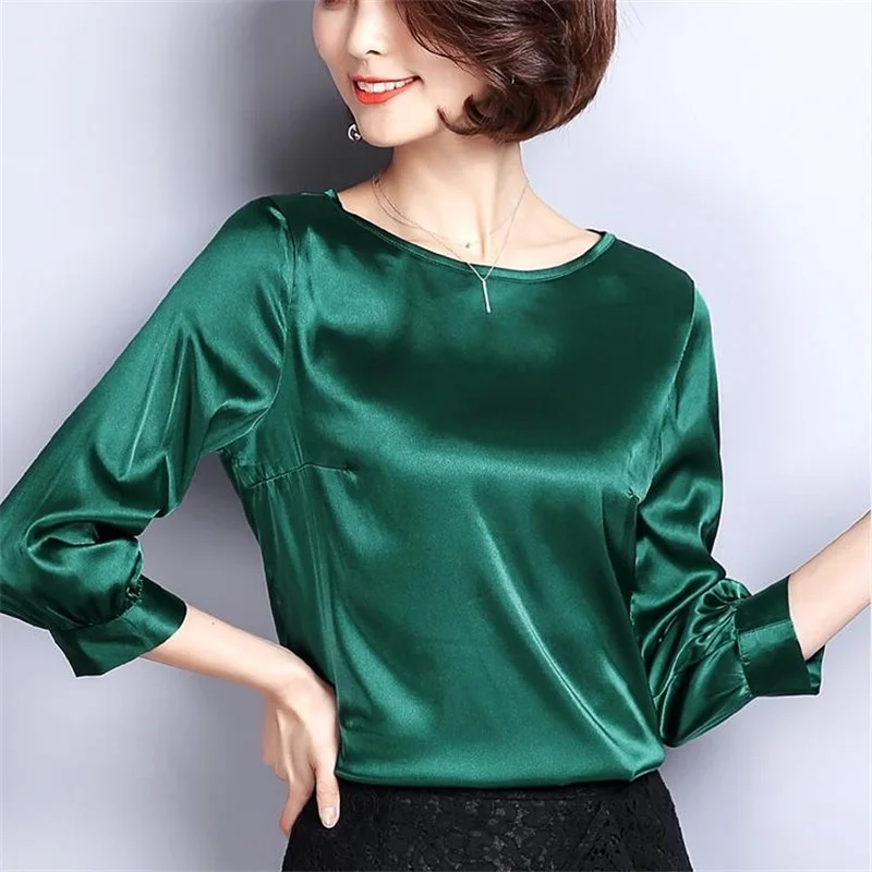 

Summer Autumn New Sexy Office Lady Elegant Silk Satin Shirts Women Chiffon Blouse Solid Plus Size Loose blusa Pullover tops