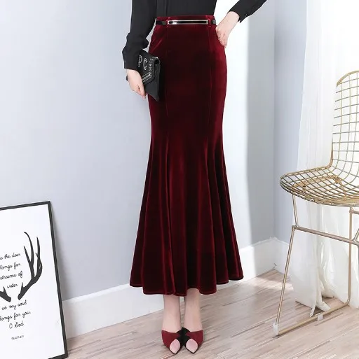 Wine Red Бархатные Русалка Юбки Для Женщин Плюс Размер 5XL Зимняя Длинная Юбка С Ремнем Женский Осень Элегантный Черный Бархат Макси Юбка Ds50163 - Цвет: Wine Red