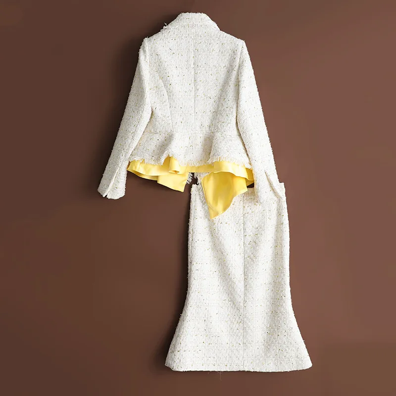 Белый твидовый пиджак+ юбка костюм весна/осень/зима женский костюм модный 2 комплекта шерстяной костюм с юбкой рыбий хвост