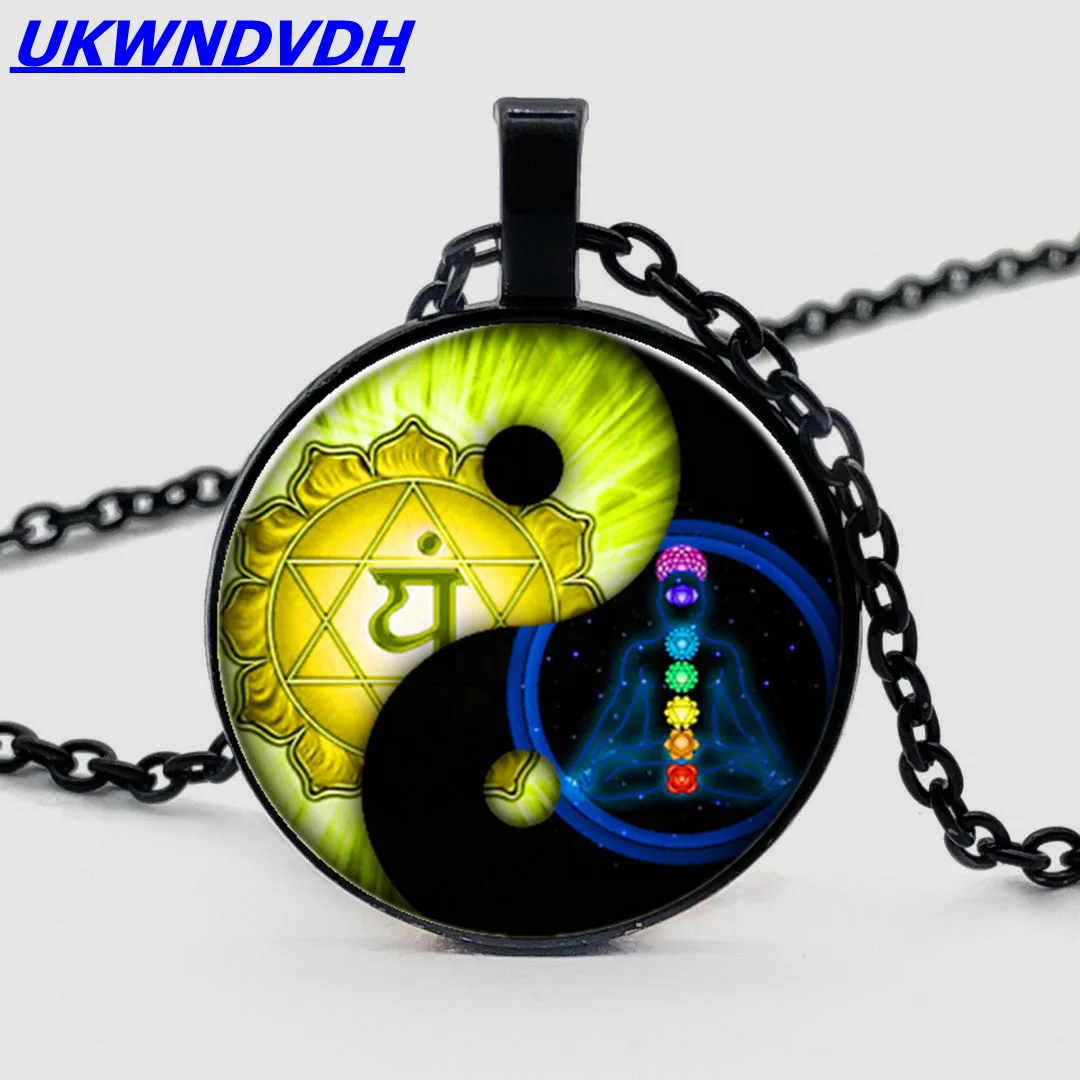 

Seven chakras Yin Yang Tai Chi glass necklace punk style fashion men and women pendant necklace