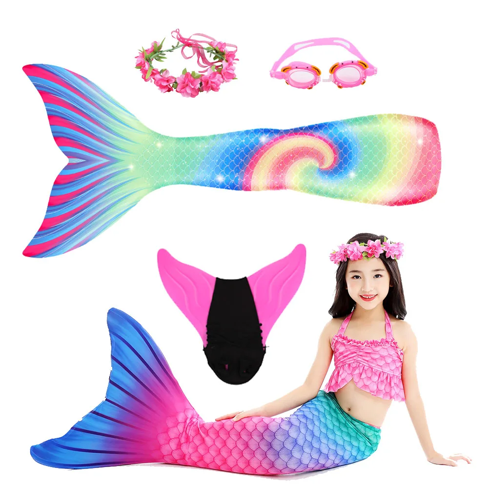 

Girls Rainbow Mermaid Tails with Monofin and Goggle Mermaid Tail Bathing Suit Child Cosplay Swimsuit Halloween Costume for Kids