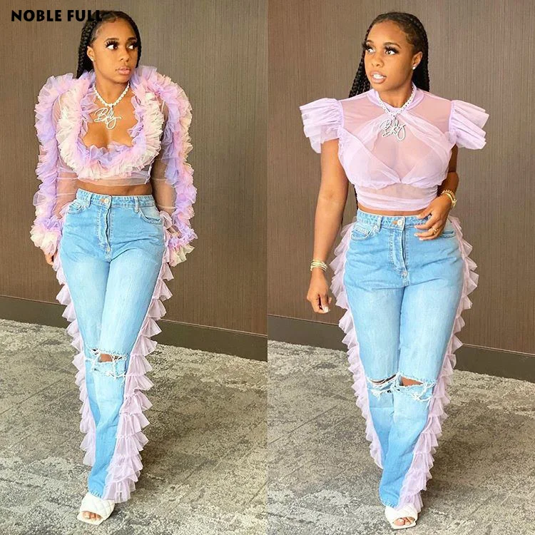 

Waterfall Mesh Ruffles Patchwork Denim Pants Autumn Women Streetwear Straight Ripped Jeans Trousers High Waist Lady Trousers