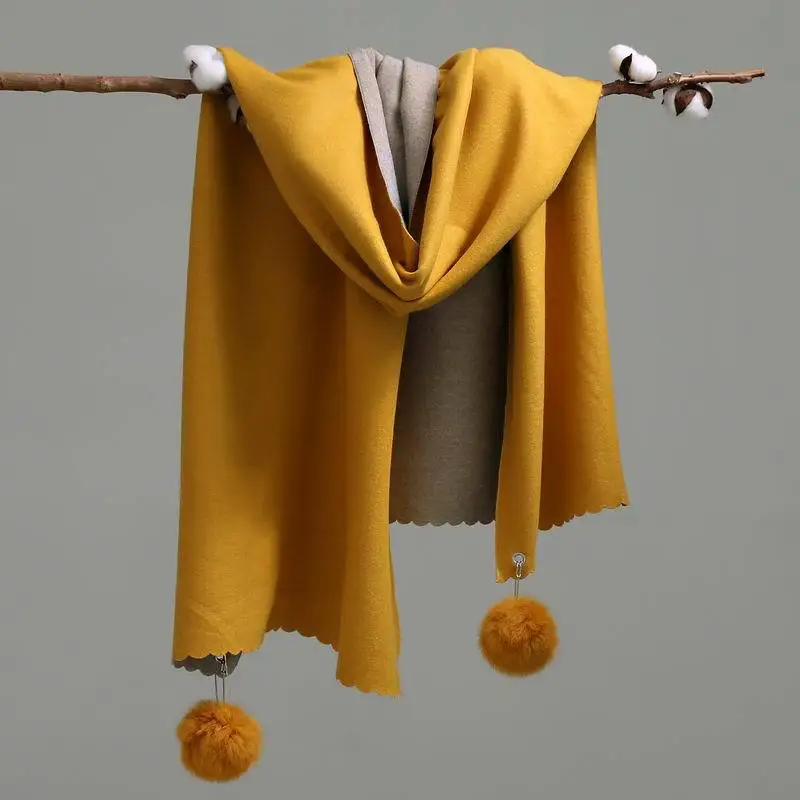 yellow Новинка 350 г, зимний женский шарф, модные одноцветные двухсторонние мягкие кашемировые шарфы, шаль и обертывания, бандана, женский шарф с меховым помпоном - Цвет: yellow