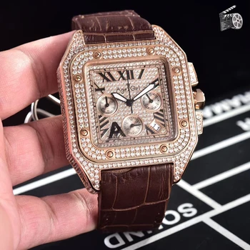 

Luxury Brand New Chronograph Men Stopwatch Sapphire Full Iced Diamond Rose Gold Yellow Silver Black Brown Leather Sport Watches