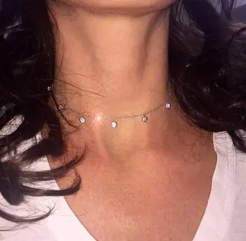 

simple cz drop charm 35+7cm short chain thin delicate women girl gift 925 sterling silver 5pcs cz dots charm choker necklace