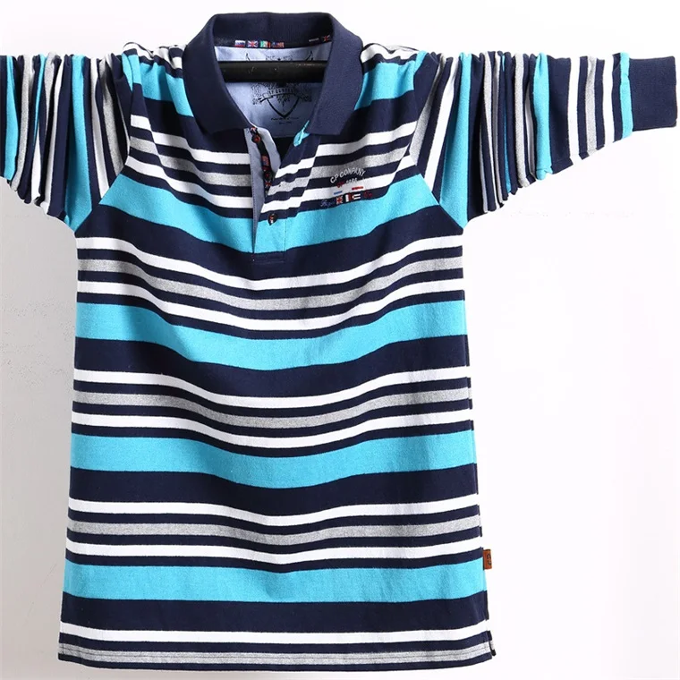 8337 Light Blue Высокое качество плюс размер 4XL 5XL 80% хлопок горизонтальные полосы контрастного цвета Повседневная рубашка поло с длинным рукавом мужская мода толстяка - Цвет: 8337 Light Blue