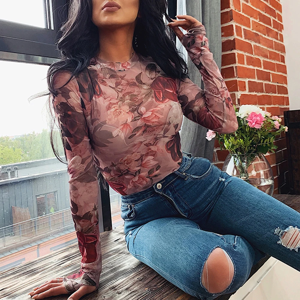 2020 Summer Ladies Slim Fit Leotard Jumpsuit Body T shirts Bodysuit Women Mesh Sheer Long Sleeve Floral Print Romper Skinny Tops