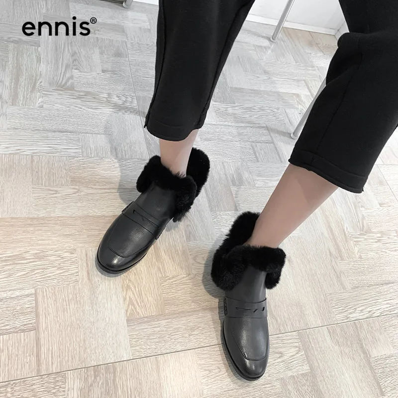 ENNIS/Новые теплые зимние ботинки женские зимние ботинки из натуральной кожи на плоской подошве кожаная обувь на натуральном меху модная плюшевая обувь без шнуровки A9344